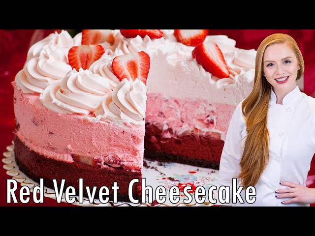 The BEST Strawberry Red Velvet Cheesecake Recipe!! With Strawberry Mousse & Whipped Cream!