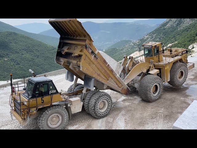Caterpillar 992D Wheel Loader Loading Huge Marble Blocks On Dumpers - Birros Marble Quarry