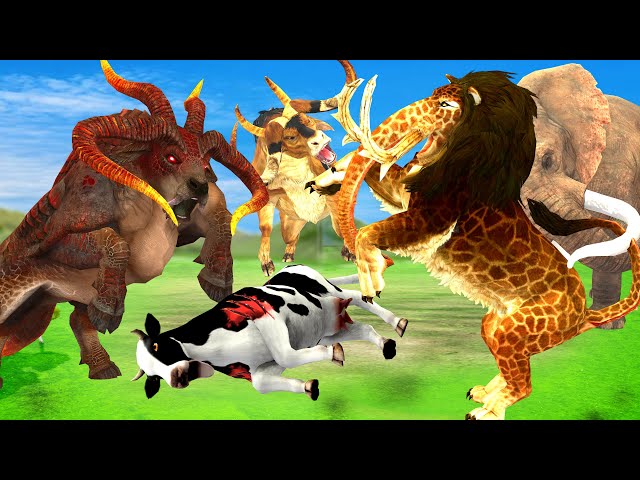 Monster Lion Mammoth Attacks Cow Cartoon Buffalo Saved By Giant Bull, Woolly Mammoth Elephant