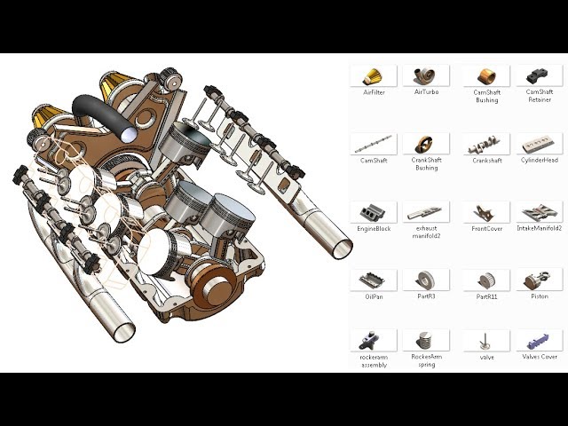 SolidWorks RE Tutorial #320 : Car Engine complete video (2 turbo V6) - (advanced assembly)