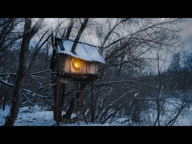 A man built a warm tree house, heated by a stove near a wild river | Construction only