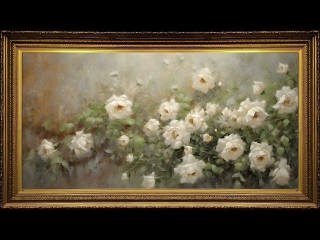 White Roses Garden, Vintage Oil Painting | Framed Art Screensaver for TV