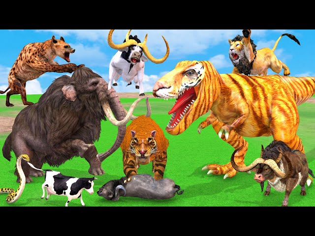 10 Zombie Tigers vs 10 Hyenas vs Titanoboa Snake Attack Cow Cartoon Saved by Woolly Mammoth Elephant