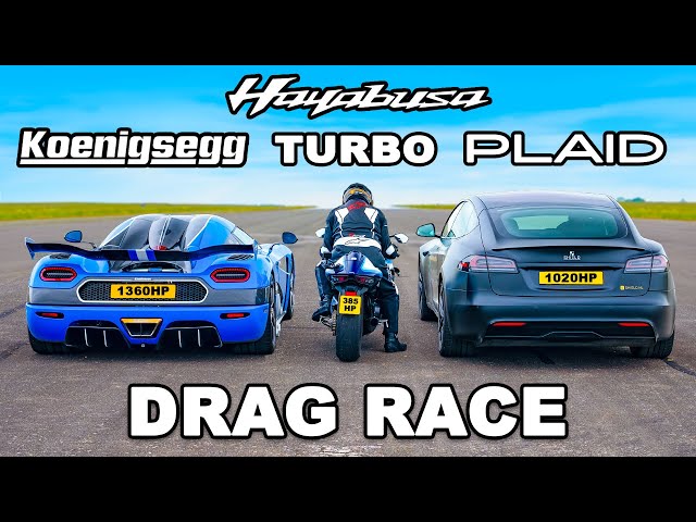 Koenigsegg v Tesla Plaid v Turbo Hayabusa: DRAG RACE