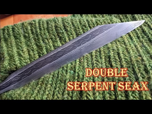 Forging damascus double serpent seax blade. Knife making.