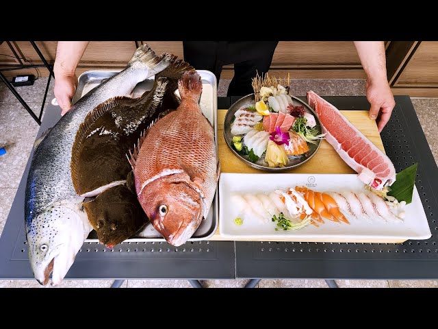 Amazing Sushi Master in Korea, Sliced Raw Flatfish, Giant halibut, salmon, Tuna, Korean street food