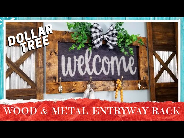 DIY DOLLAR TREE WELCOME SIGN WITH HOOKS | Entryway Coat Hat Keys Scarf Hanger | Wood & Metal Rack