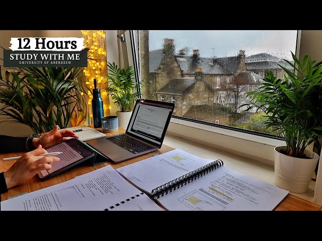 12 HOUR STUDY WITH ME on a RAINY DAY | Background noise, 10 min Break, No music, Study with Merve