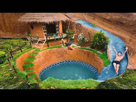 Build Swimming Pool Water Slide Around Secret Underground House (full) - Primitive Survival