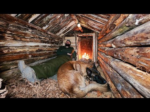 Building Warm Bushcraft Survival Shelter in Wildlife, Fireplace, Campfire Cooking, ASMR, DIY
