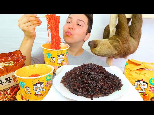 Fire Cheese & Black Bean Noodle Challenge With My Sloth • MUKBANG