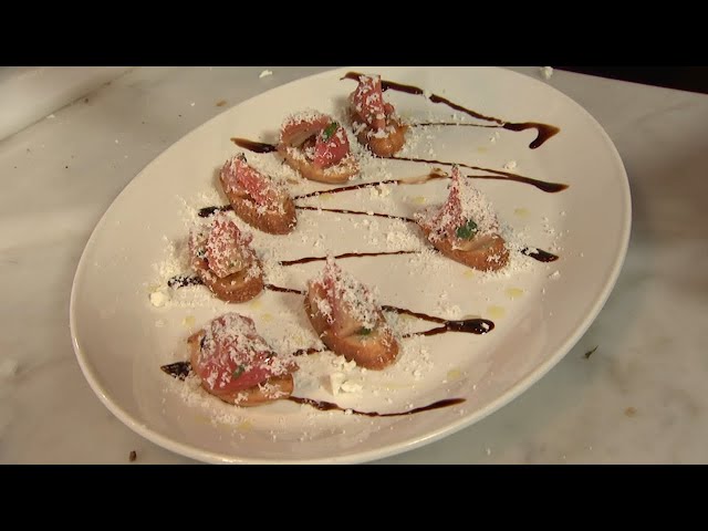 Easy holiday appetizer recipe: Candy Cane Beet Crostini with Goat Cheese Snow