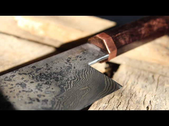 Japanese Nakiri knife from Damascus steel ~ Handforged using a flypress