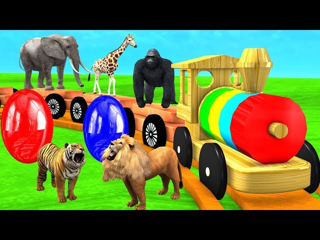 Animals Cartoons on Wooden Train Surprise Eggs for Kids | Toy Animals Names And Sounds | 3D Animated