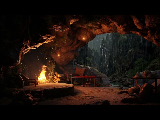 Cozy Cave Ambience with Fireplace Sounds and Rain Sounds to Fall Asleep Instantly within 3 Minutes