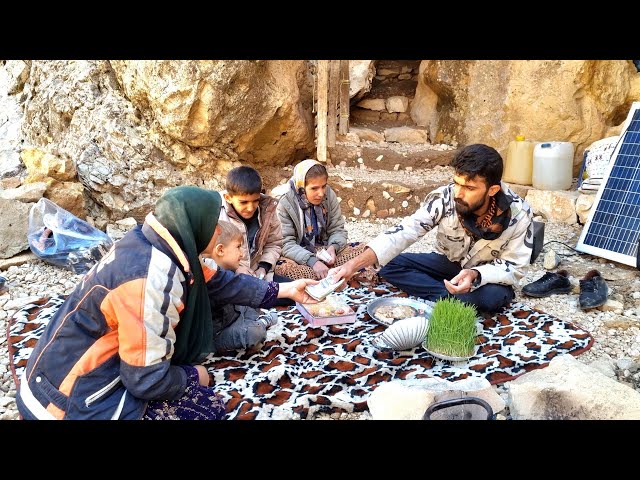 Mountain man supporting poor woman, donating shelter, solar battery, giving gift#boshkraft