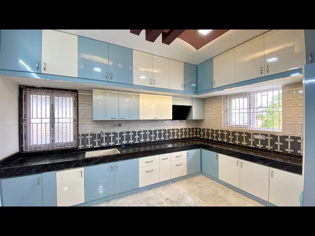 10x16size Modular Kitchen Design// Glossy Finish Cabinets // Blue & White Combo