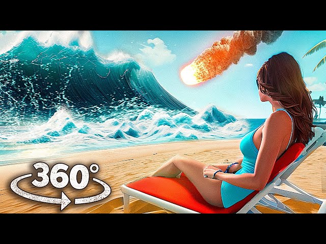 360 TSUNAMI AFTER ASTEROID FALL 1 - Escape the Wave on the Beach in Car with Girlfriend 4k VR Video