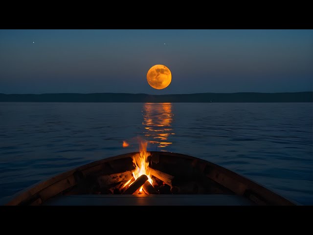 Glowing Moonlit Seaside Sea Sparkle , Campfire Ambience & Gentle Ocean Waves Relaxing 4K