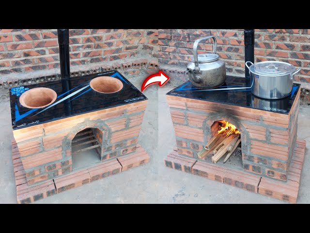 Simple step by step to create an outdoor wood stove out of red brick and cement