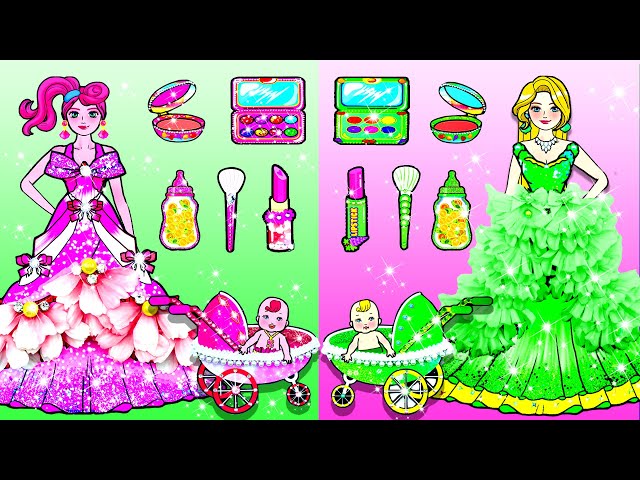 [🐾paper Diy🐾] Pink VS Green Mother and Daughter Dress Up Contest | Rapunzel Compilation 놀이 종이