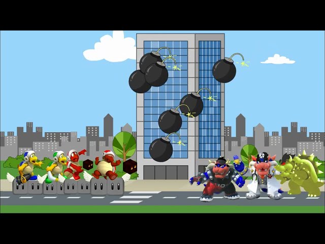 4 Amazing Flying Bro Characters and 3 Dark Bowsers Destroys the Building with Bombs/Grounded