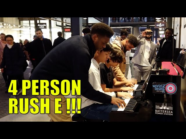 Can FOUR PEOPLE Play Rush E on One Public PIANO | Cole Lam