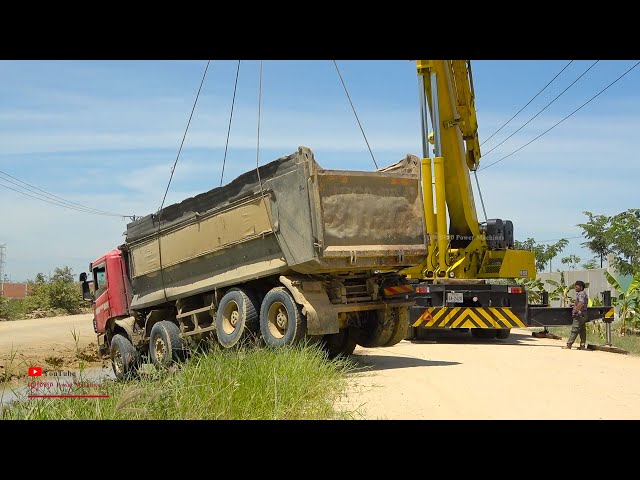 Amazing Truck Scania 25.5T Fall Into The Water Action Helping By Tadano KR 500E Crane