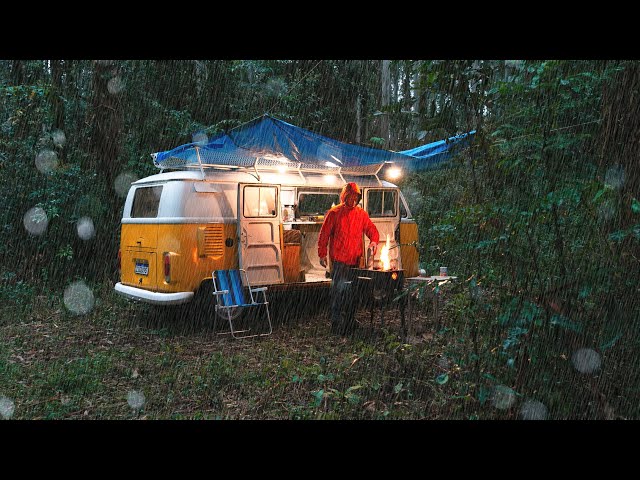 Solo Camping in Rain With An Classic VW Van in a Foggy Forest [ASMR]
