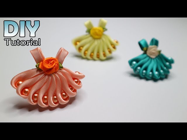 DIY - How to make kanzashi little dress | Satin ribbon | Hair clips | Bros Gaun | Jepit rambut