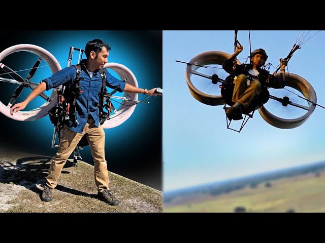 Flying with four giant drone motors (ducted propeller paramotor)