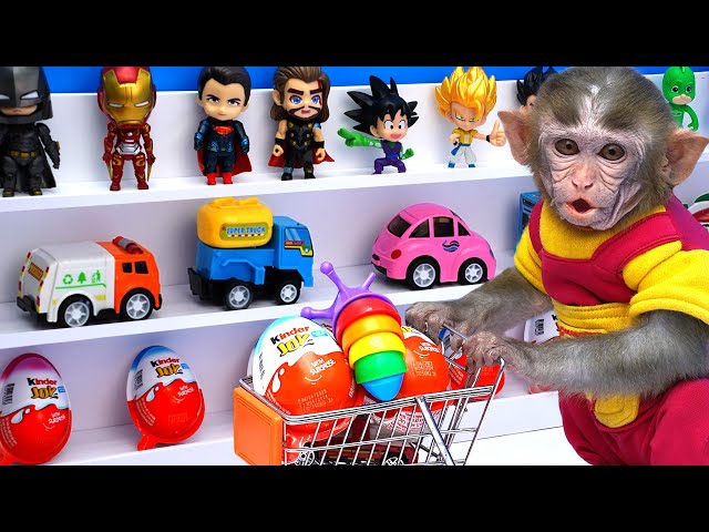 Monkey Baby Ben Ben doing shopping in Kinder Joy eggs store and eat Chocolate with the Chuppy