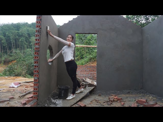 lonely 20 year old girl: Building bricks house - Apply the cement coat to the wall - Build new house