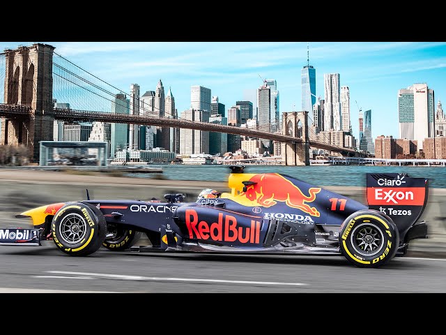 Sergio Perez Drives F1 Car Through New York City