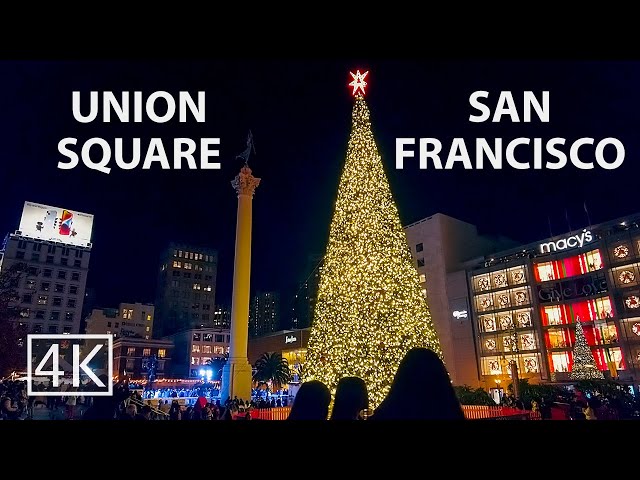 [4K] 🎄 Union Square at Night - San Francisco California - Walking Tour