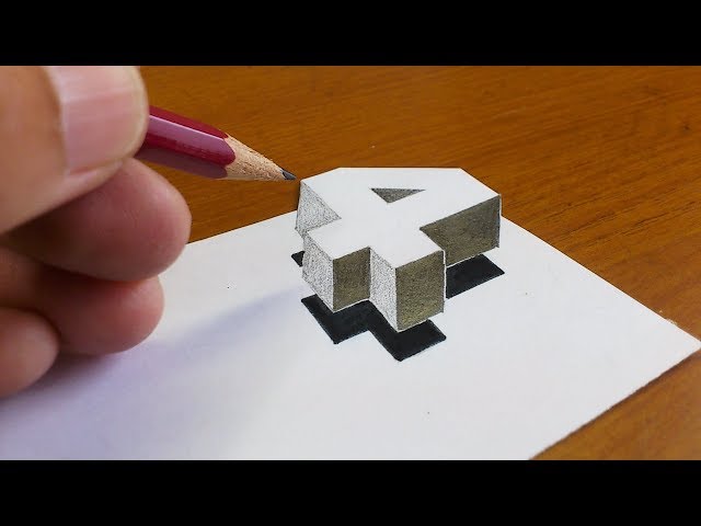 Very Easy!! How To Drawing 3D Floating Number "4"  - Anamorphic Illusion - 3D Trick Art on paper