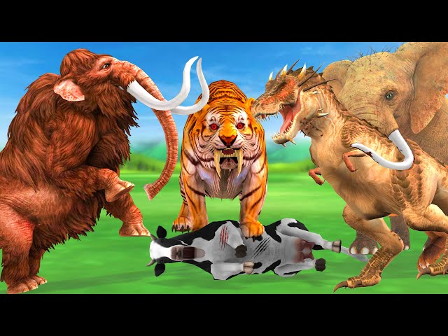 Giant Tiger Zombie T Rex  VS Woolly Mammoth Attack Wild Cat Dinosaur Cow Cartoon Saved by Elephant