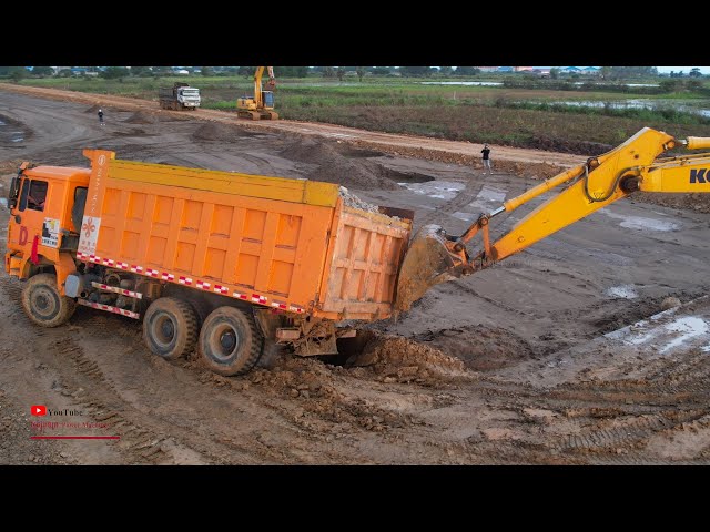 Dump Truck Stuck On Slippery Road Amazing Excavator Pushing Out Fail And Removing Soil Komatsu PC210