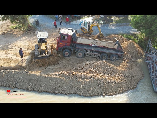 Incredible Big Dumper Truck Soils Fails Unloading Helping Recovery By Mini Excavator Bulldozer