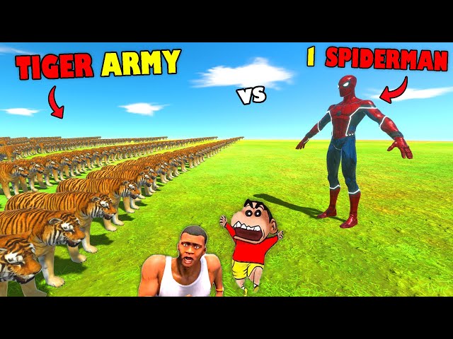 1 Spiderman vs BIGGEST TIGERS ARMY in Animal Revolt Battle Simulator with SHINCHAN and CHOP