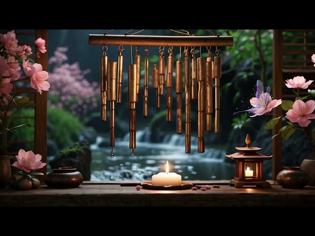 Sound of water as it a gentle breeze carries the tinkling melody of wind chimes. Relaxation sounds