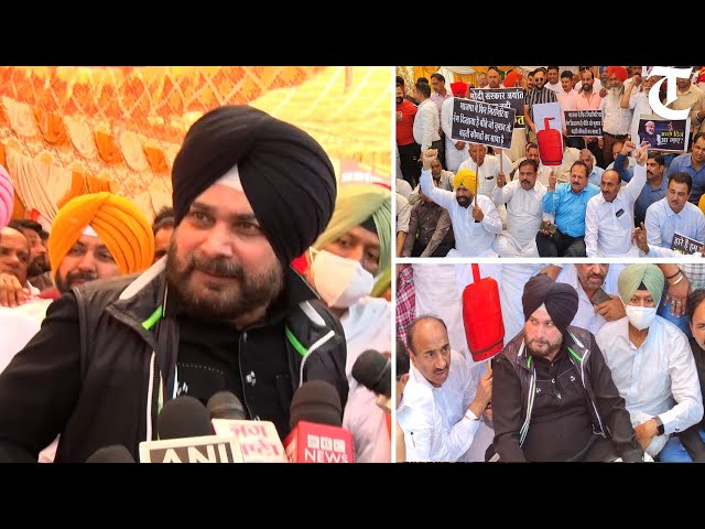 Amritsar: Navjot Singh Sidhu, along with Congress workers, holds protest against rising fuel prices