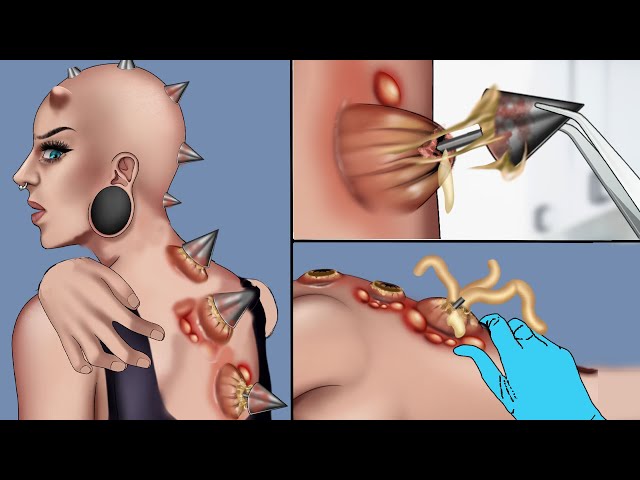 ASMR Popping pus on back dermal piercing animation | Body modification