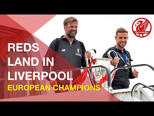 Liverpool FC land at John Lennon airport with the Champions League trophy