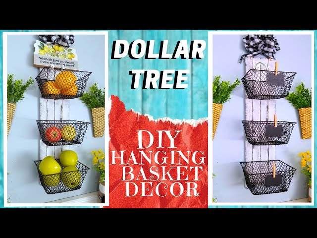 DIY DOLLAR TREE 3 BASKET HANGING SHELF DECOR | How to Make A Farmhouse Rustic Metal & Wood Look Deco