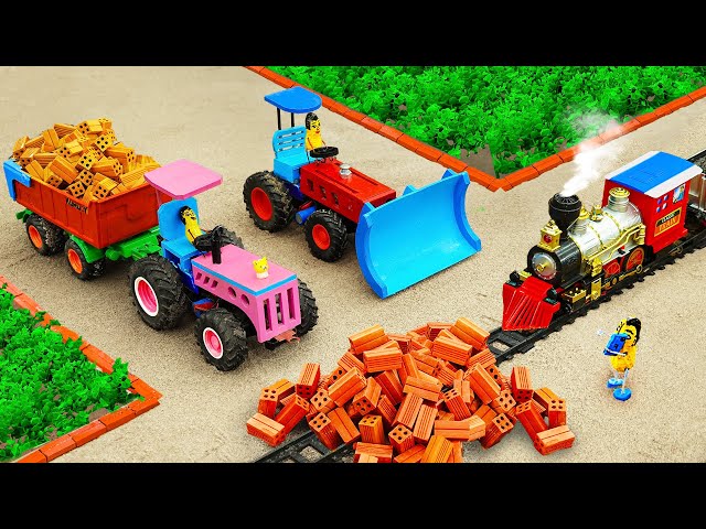 Diy tractor mini Bulldozer repairing Train Tracks | mini Tractor transporting mini Bricks | HP Mini