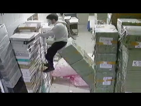 Watch: Pile of boxes save boy that fell through floor