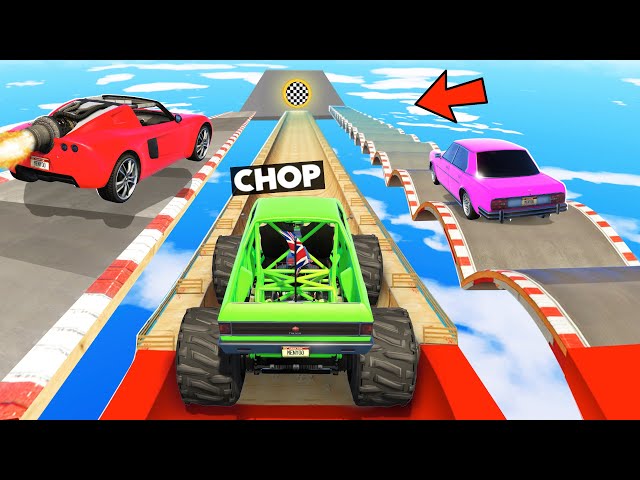 GTA 5 CHOP AND FROSTY JUMP CARS FROM MEGA RAMP NOOB TO PRO