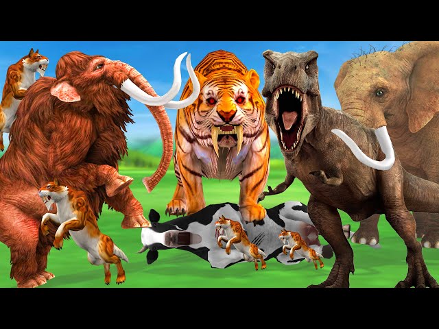 Woolly Mammoth vs Giant Tiger Zombie T Rex Attack Cow Cartoon Elephant Saved by Mammoth Gorilla