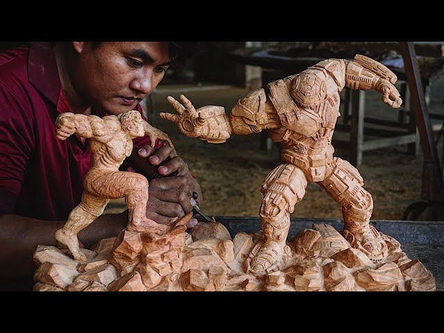 How to Carve Hulk vs HulkBuster statue from a piece of Wood - Avengers Fighting Diorama